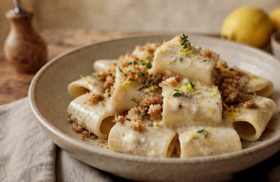 paccheri con ricotta al limone e crumble alle erbe