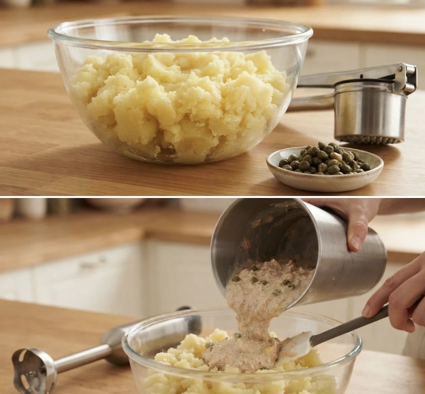 preparazione polpettone con tonno e patate alla bolognese