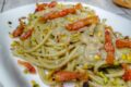 Spaghettoni con crema di carciofi, guanciale e pistacchi