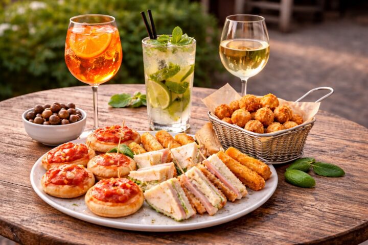 apericena con spritz, mojito e vino bianco accompagnati da pizzette, tramezzini e fritti