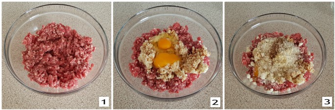 mescolate la carne tritata con le uova e il grana