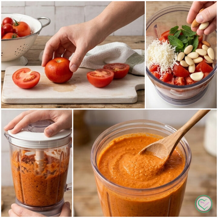 Pesto siciliano con pomodori e ricotta salata, preparazione
