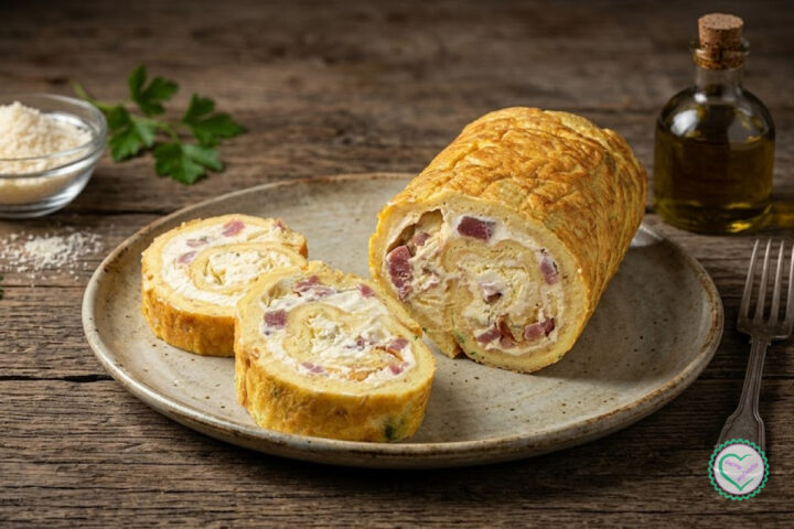 Rotolo di frittata con mascarpone e pancetta tagliato a fette su piatto da portata