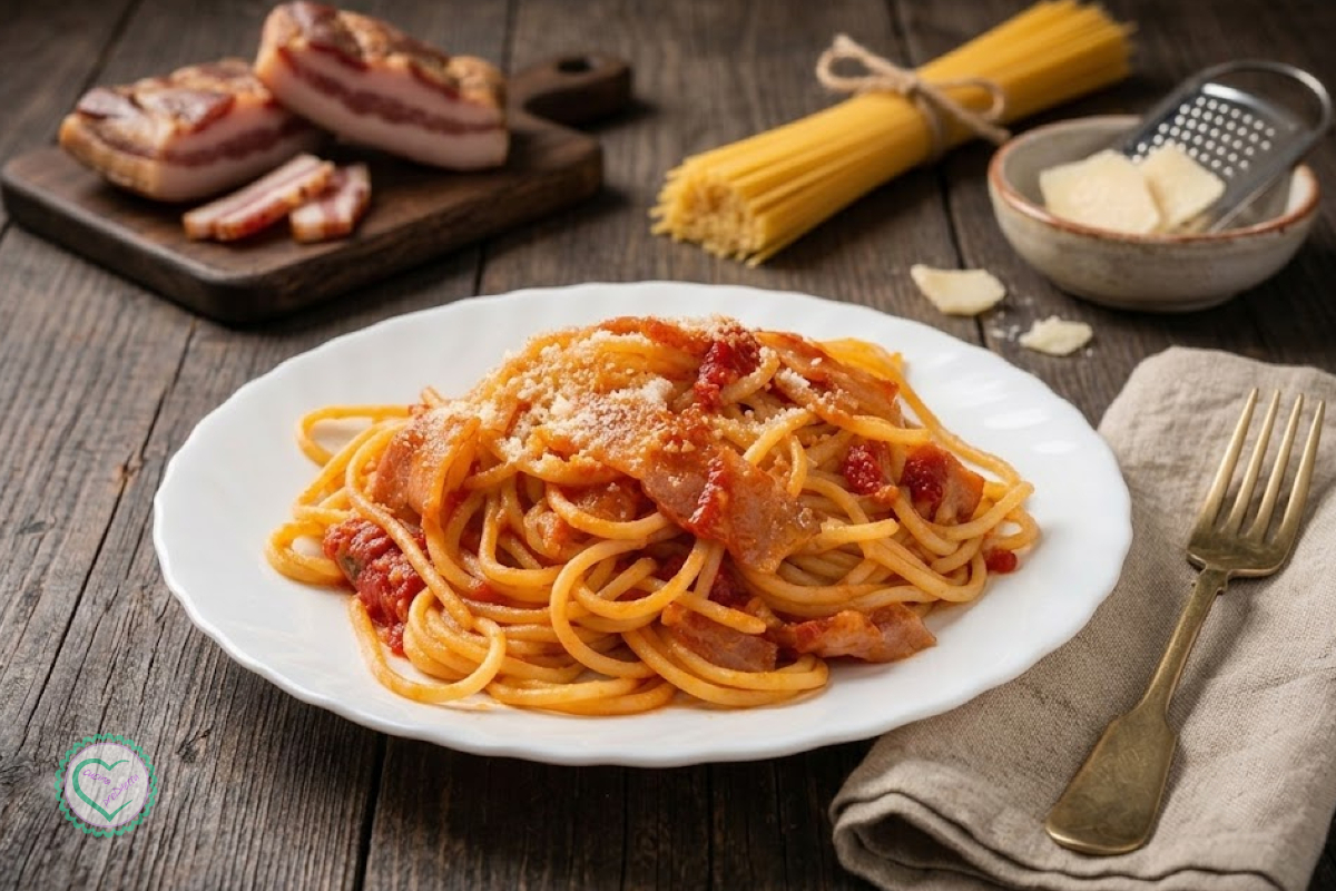 Spaghetti all'amatriciana con guanciale croccante, salsa di pomodoro e pecorino romano serviti su piatto bianco