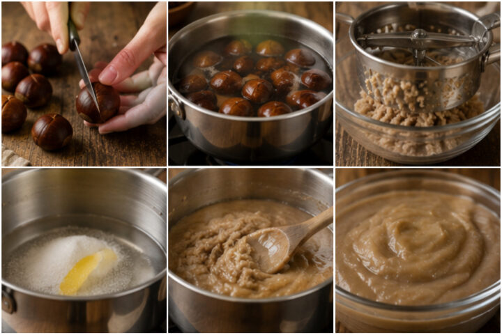 Preparazione del ripieno dei biscotti alle castagne: cottura, sbucciatura e passaggio delle castagne, preparazione della crema di castagne