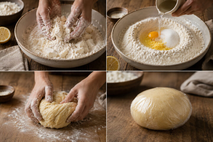 Preparazione dell’impasto dei biscotti ripieni di castagne con farina, strutto, uovo, zucchero, limone e acqua, fino al riposo in frigorifero