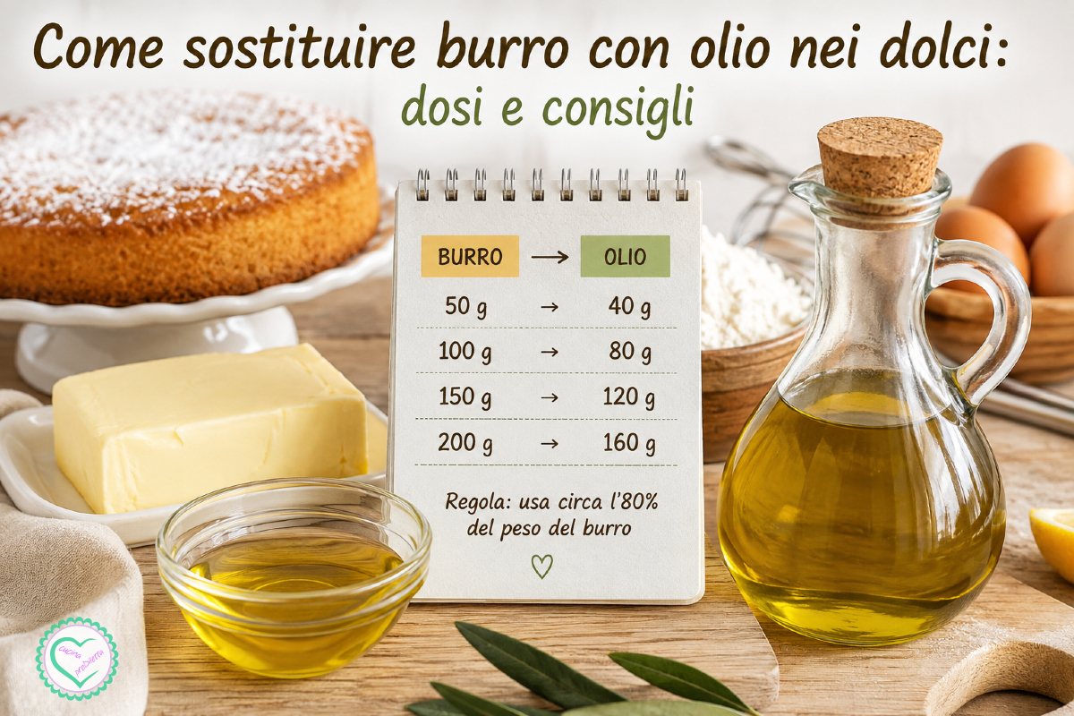 Come sostituire burro con olio nei dolci: tabella con dosi e proporzioni per sostituire il burro con l’olio nelle ricette dolci