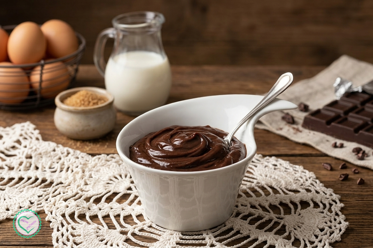 Crema pasticcera al cioccolato fondente liscia e vellutata pronta per farcire torte, crostate e bignè