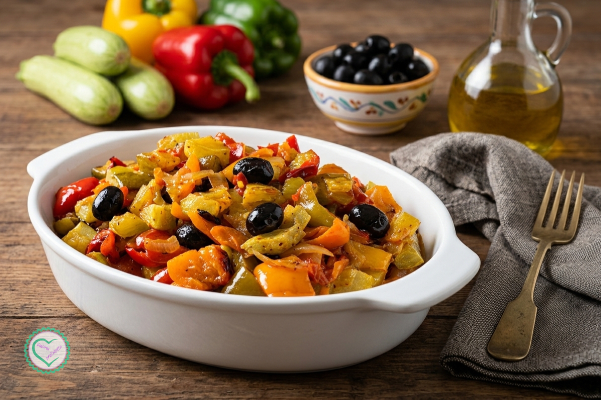 Zucchine e peperoni al forno con pomodori, olive nere e cipolla, contorno estivo facile e saporito