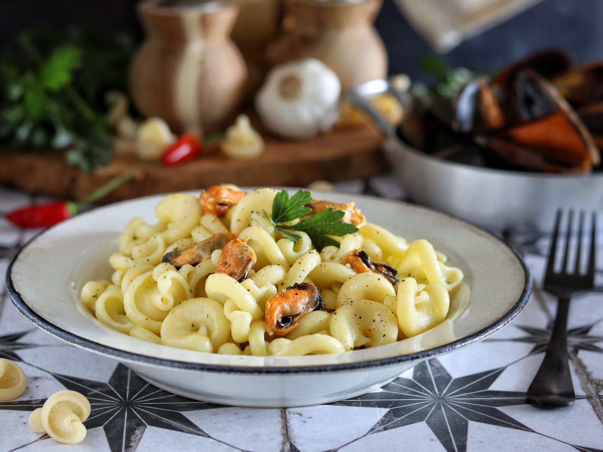 Pasta con crema di patate e cozze