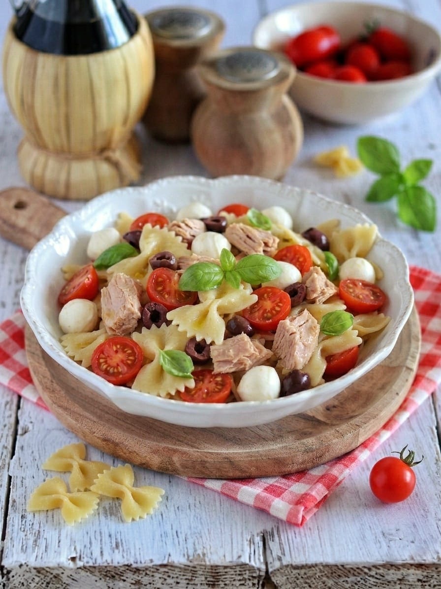 Insalata di pasta con tonno, pomodorini, mozzarelline e olive