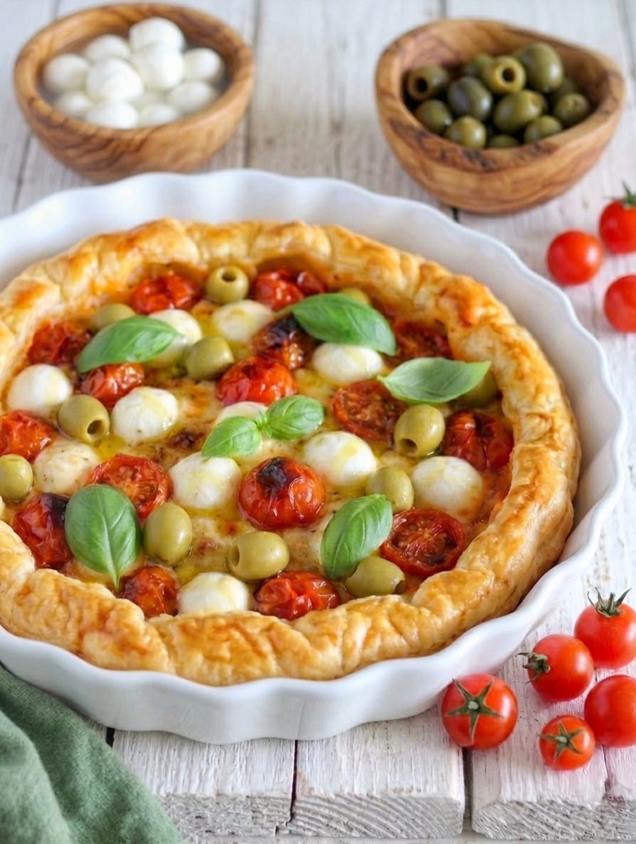 Pizza di pasta sfoglia con pomodorini, mozzarella e olive