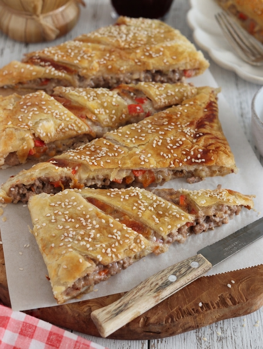 Torta rustica di pasta sfoglia ripiena di carne