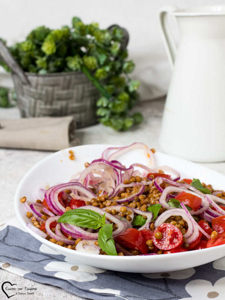 insalata di lenticchie con pomodorini e cipolla