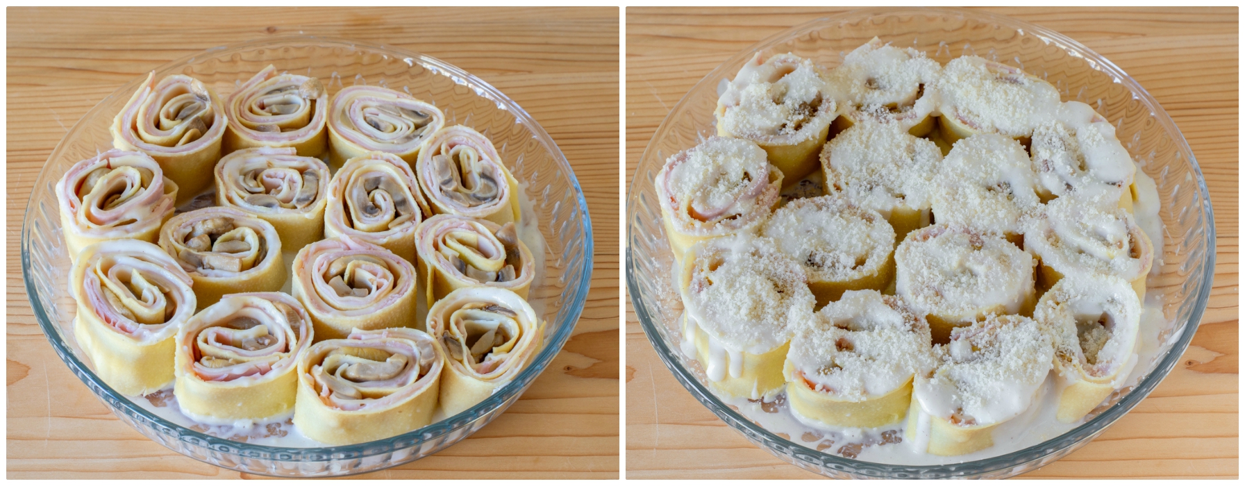 Girelle di lasagna prosciutto, funghi e formaggio.