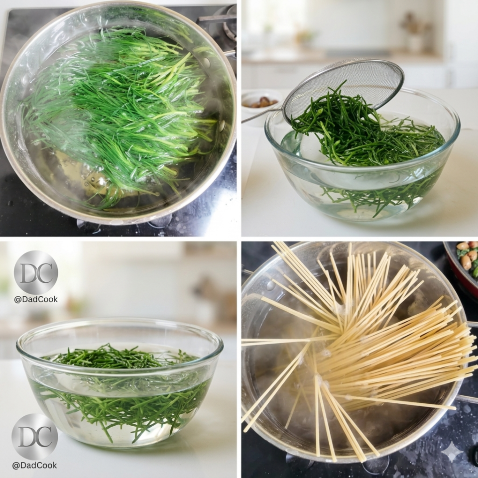 Sbollentata degli agretti in acqua bollente e cottura degli spaghetti nella stessa pentola.