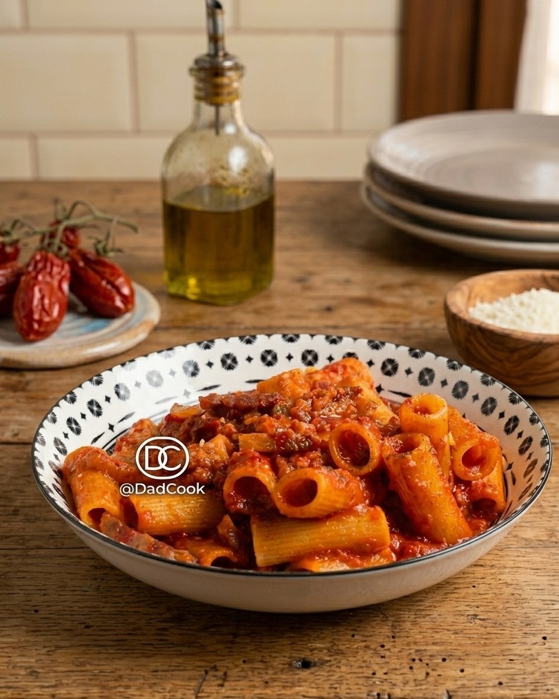 Piatto di rigatoni all'amatriciana con guanciale croccante e pecorino romano grattugiato secondo la ricetta originale.