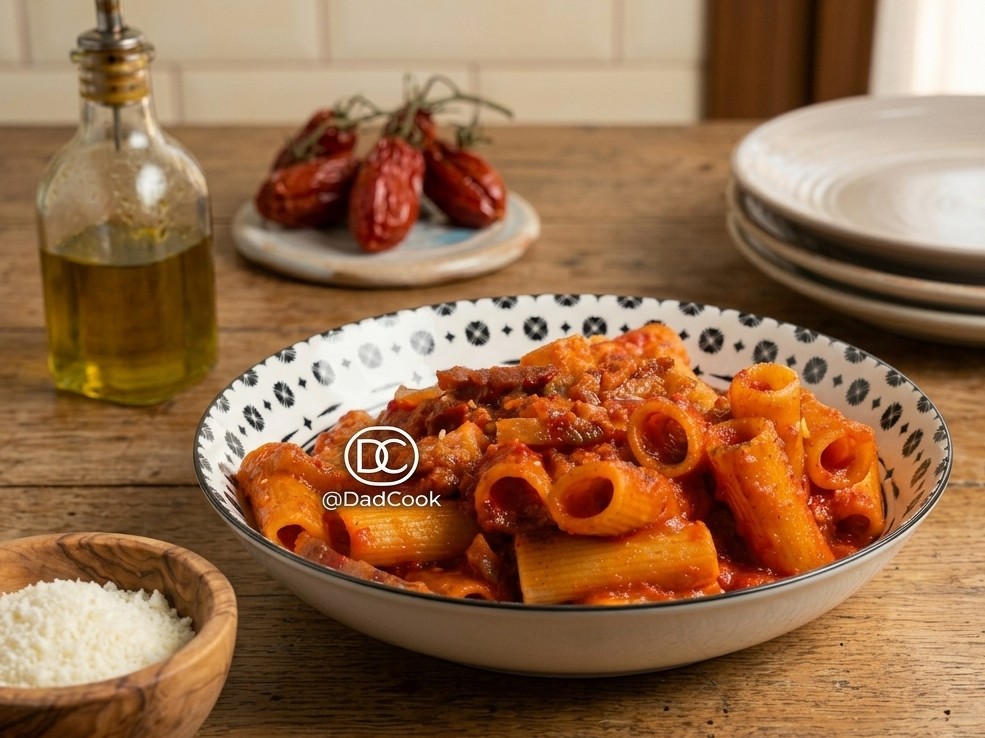 Piatto di rigatoni all'amatriciana con guanciale croccante e pecorino romano grattugiato secondo la ricetta originale.