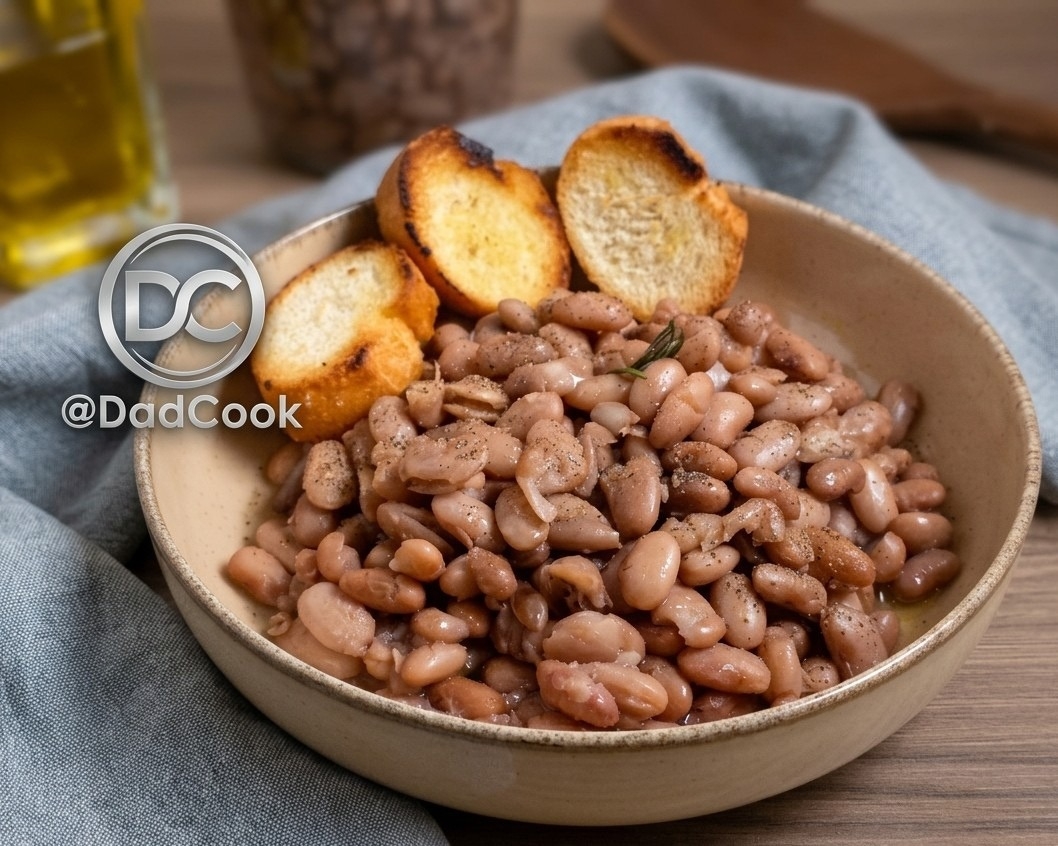 Una ciotola di ceramica con fagioli borlotti cotti conditi con pepe nero e rosmarino, serviti con tre fette di pane tostato su un canovaccio azzurro.