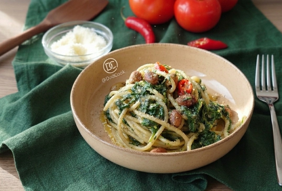Primo piano di un piatto di pasta con agretti, pomodori, peperoncino e una spolverata di formaggio grattugiato.
