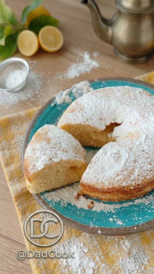 Inquadratura ravvicinata di una fetta di torta soffice al limone e yogurt greco con formaggio caprino, decorata con scorza di limone fresca.