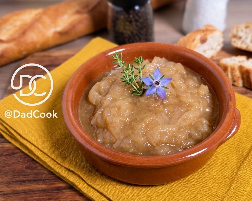 Ciotola di terracotta con cipolla caramellata cremosa guarnita con un fiore azzurro e timo fresco, servita con pane croccante.