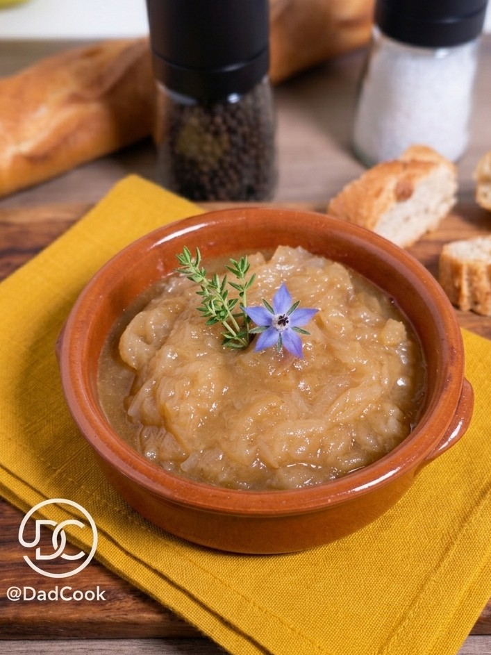 Ciotola di terracotta con cipolla caramellata cremosa guarnita con un fiore azzurro e timo fresco, servita con pane croccante.