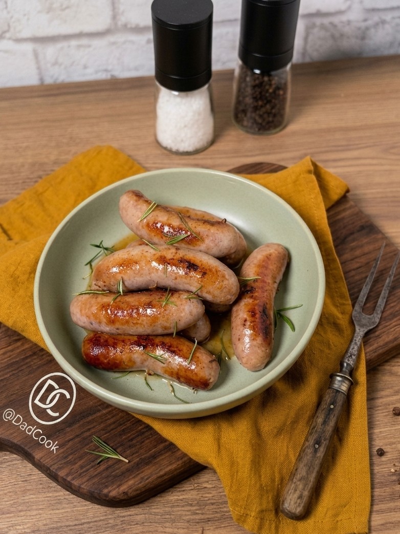 Salsicce in padella ben dorate servite in una ciotola verde, guarnite con aghi di rosmarino su un tagliere di legno scuro con grani di pepe e il logo DadCook. Sullo sfondo si vedono limoni e macinini per sale e pepe.