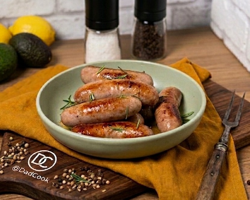 Salsicce in padella ben dorate servite in una ciotola verde, guarnite con aghi di rosmarino su un tagliere di legno scuro con grani di pepe e il logo DadCook. Sullo sfondo si vedono limoni e macinini per sale e pepe.