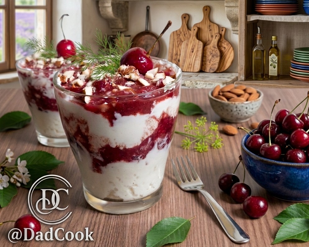Coppe di ciliegie e ricotta Nuvola Rossa con granella di mandorle, dessert senza zucchero.