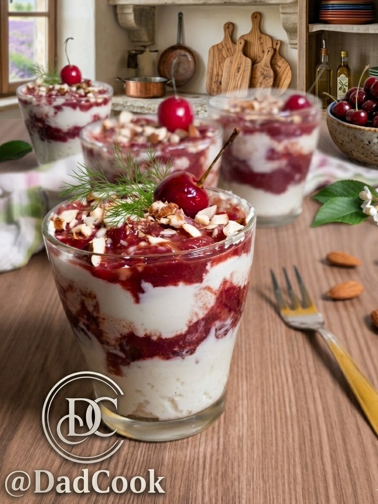 Coppe di ciliegie e ricotta Nuvola Rossa con granella di mandorle, dessert senza zucchero.