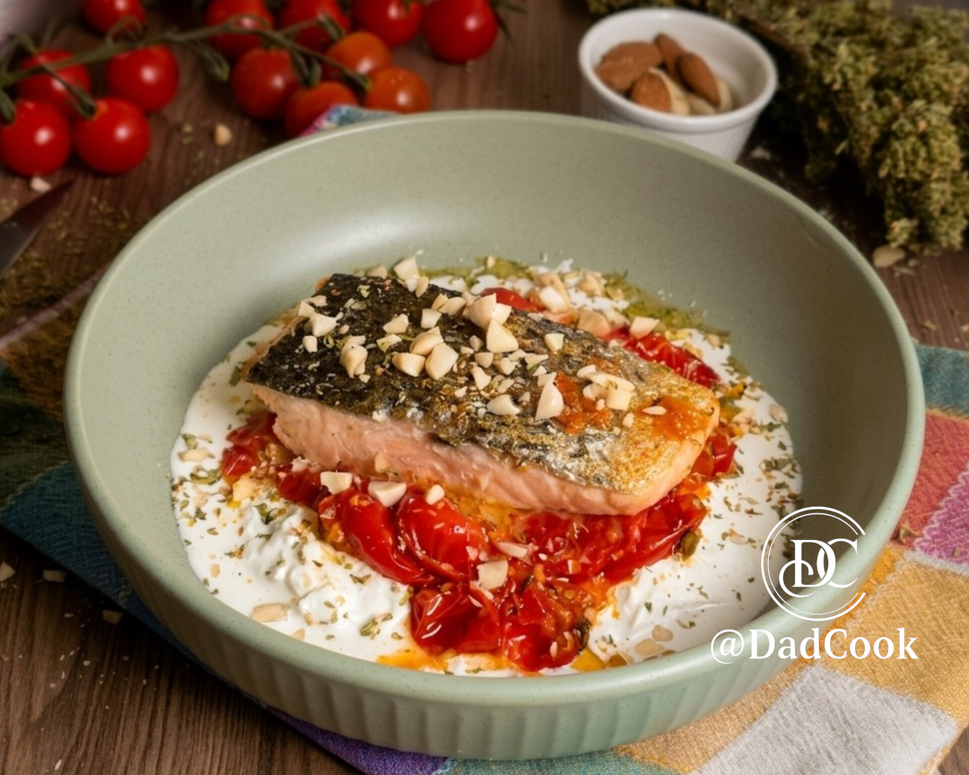 Trancio di salmone croccante in padella servito su burrata aperta con pomodorini ciliegino e origano