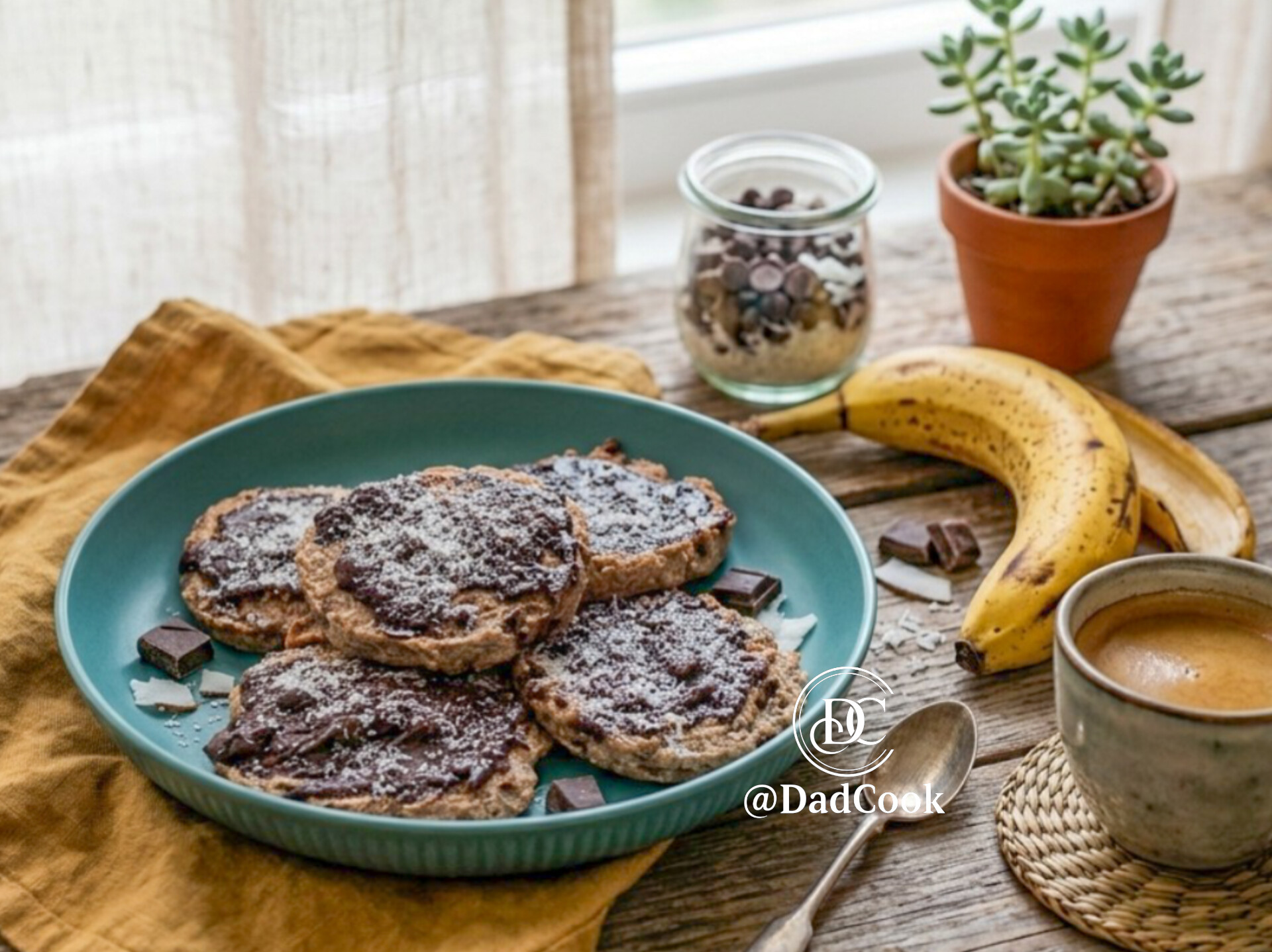 Un piatto azzurro pieno di biscotti rotondi alla banana con cioccolato fondente fuso e spolverata di cocco rapè, posizionato su un tovagliolo senape. Sul tavolo in legno rustico ci sono una banana matura, un caffè, scaglie di cioccolato e una piantina succulenta.