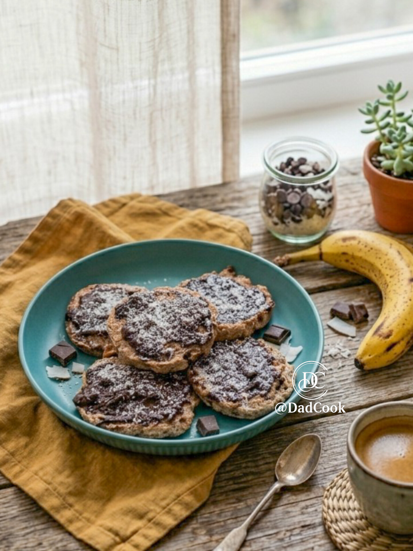 Un piatto azzurro pieno di biscotti rotondi alla banana con cioccolato fondente fuso e spolverata di cocco rapè, posizionato su un tovagliolo senape. Sul tavolo in legno rustico ci sono una banana matura, un caffè, scaglie di cioccolato e una piantina succulenta.