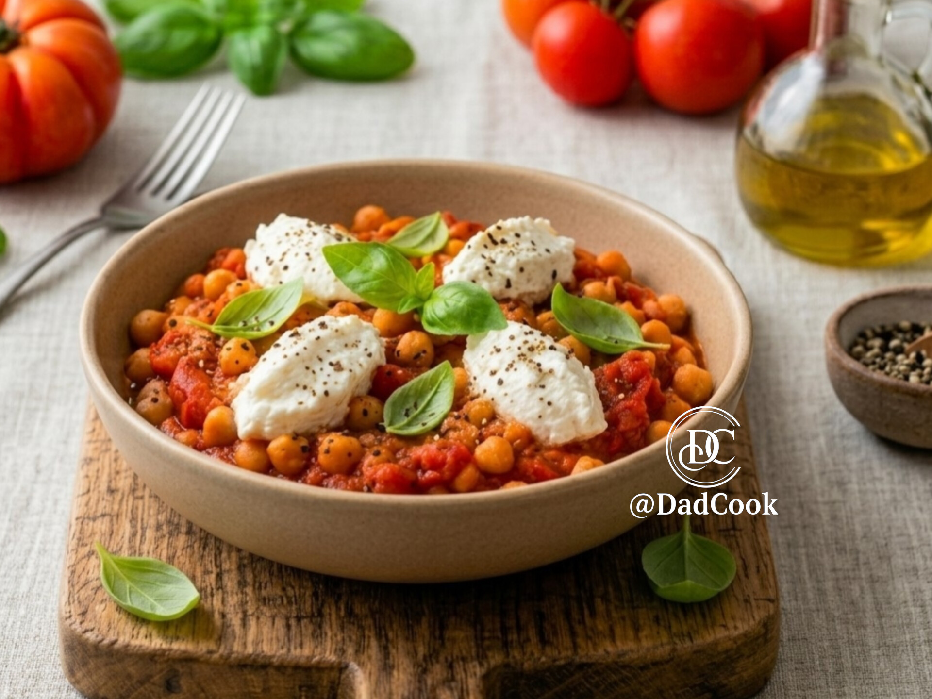 Un piatto di cous cous condito con ceci, pomodorini confit caramellati, fiocchi di ricotta fresca e foglioline di basilico, fotografato dall'alto.