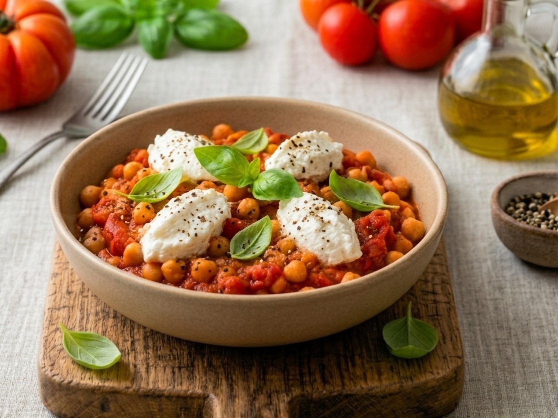 Un piatto di cous cous condito con ceci, pomodorini confit caramellati, fiocchi di ricotta fresca e foglioline di basilico, fotografato dall'alto.