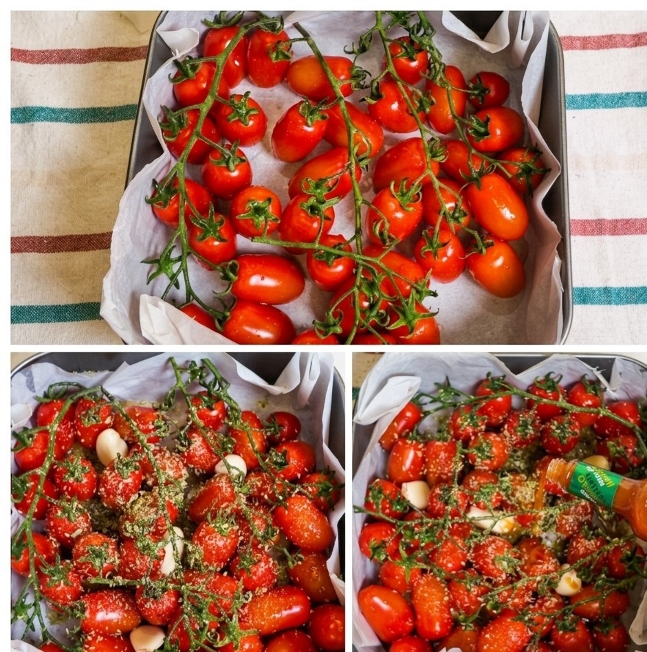 Collage di tre foto che mostra la preparazione dei pomodorini: in alto i pomodorini interi sul rametto verde disposti su carta forno; in basso a sinistra i pomodorini conditi con origano, sale e spicchi d'aglio; in basso a destra l'aggiunta delle gocce di Tabasco dalla boccetta.