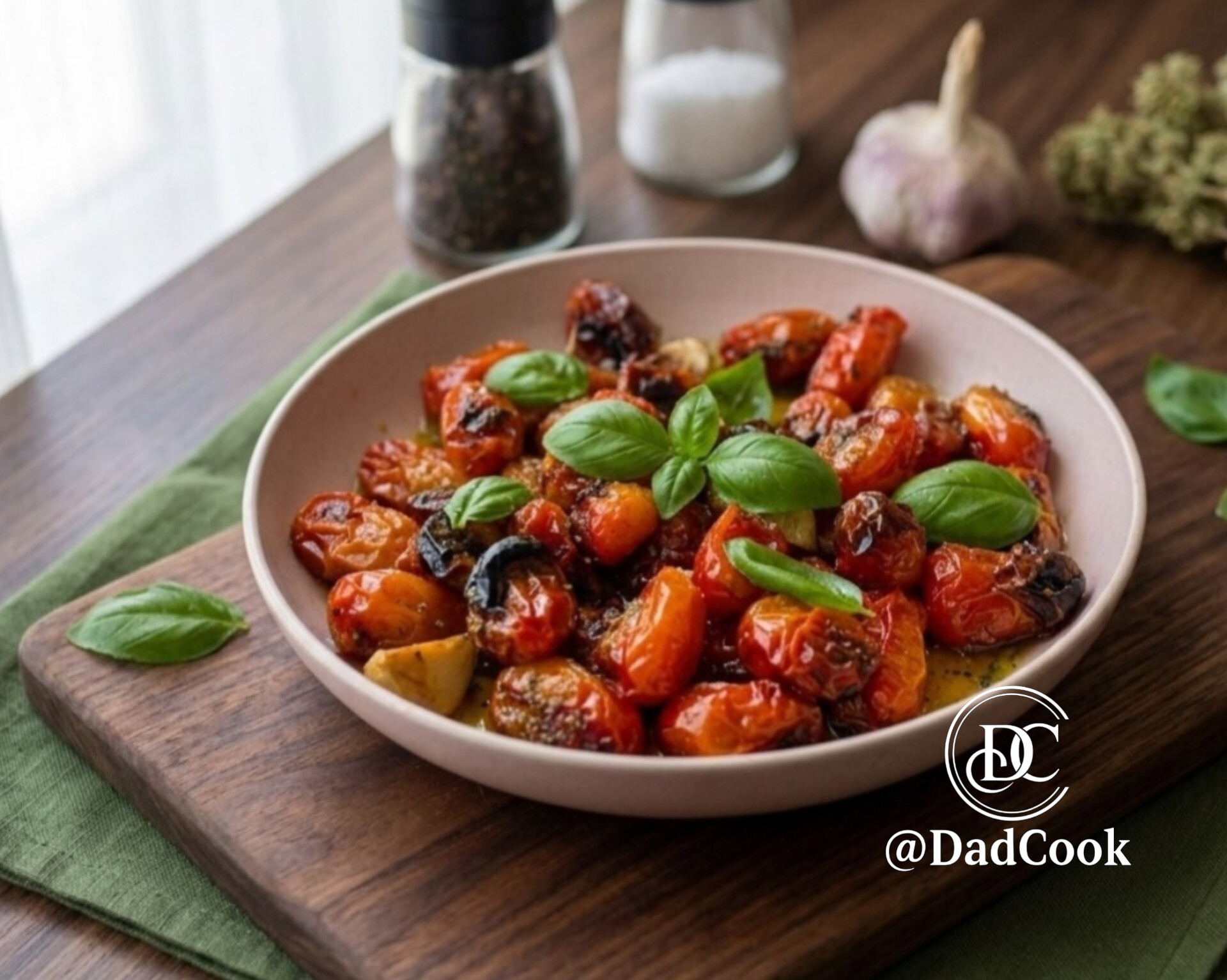 Un piatto fondo rosa con pomodorini confit raggrenziti e caramellati, conditi con olio extravergine d'oliva, origano, spicchi d'aglio e foglie di basilico fresco, poggiato su un tagliere di legno con logo DadCook.