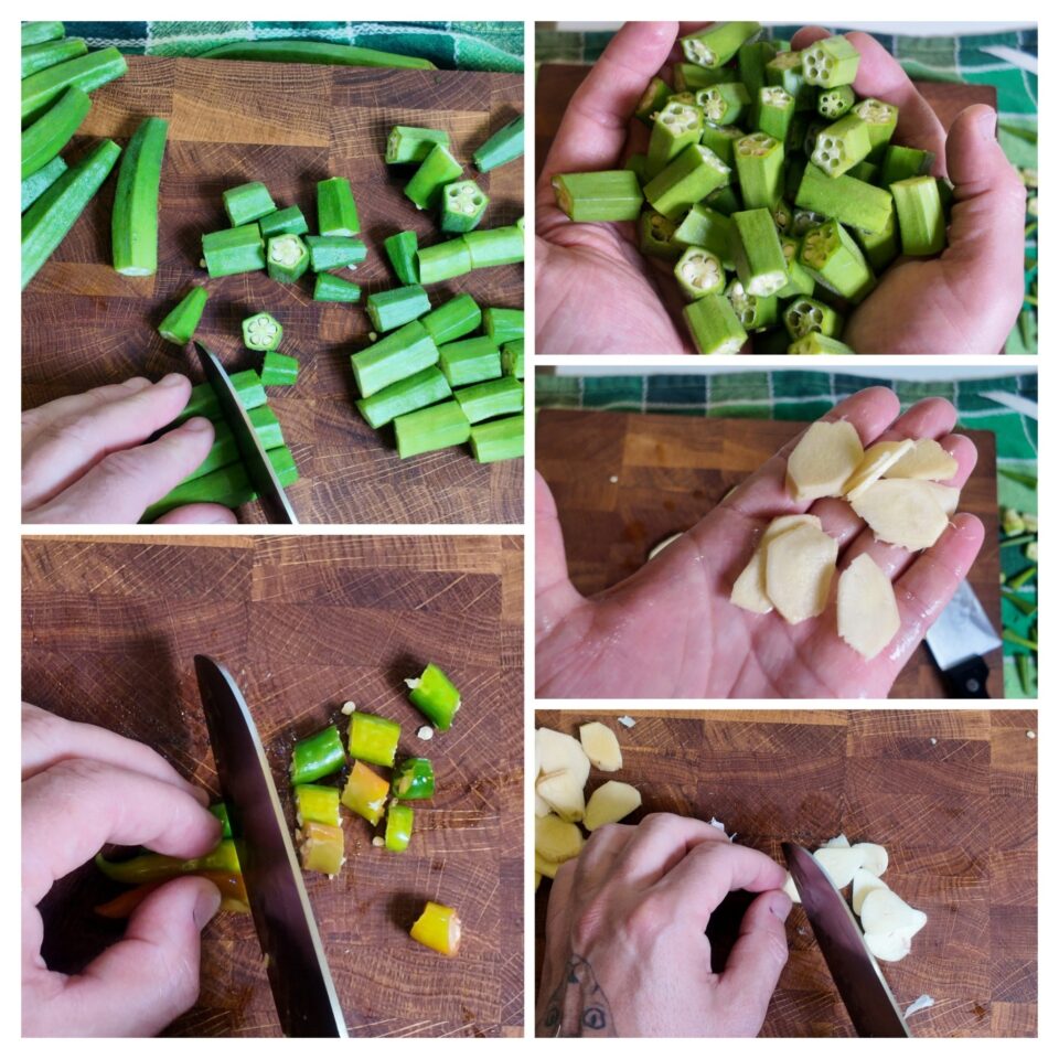 Fase di preparazione e taglio dell'okra, aglio e zenzero sul tagliere.