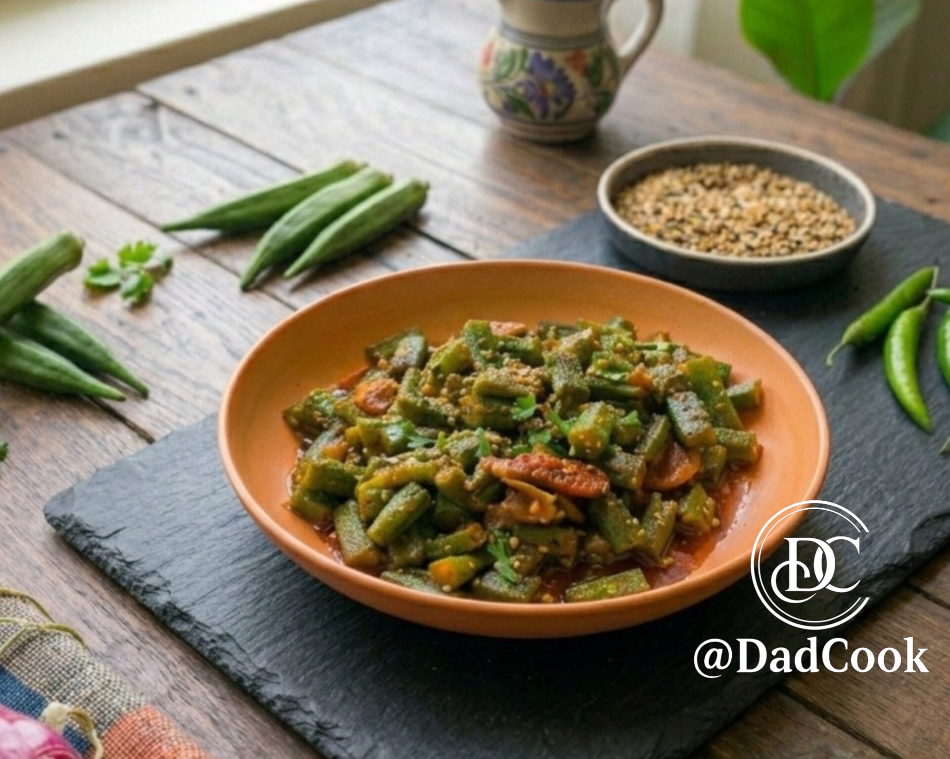 Un piatto di terracotta arancione con okra in padella tagliata a rondelle e condita con semi di sesamo, circondato da gombi freschi e cipollotti su un tavolo di legno.