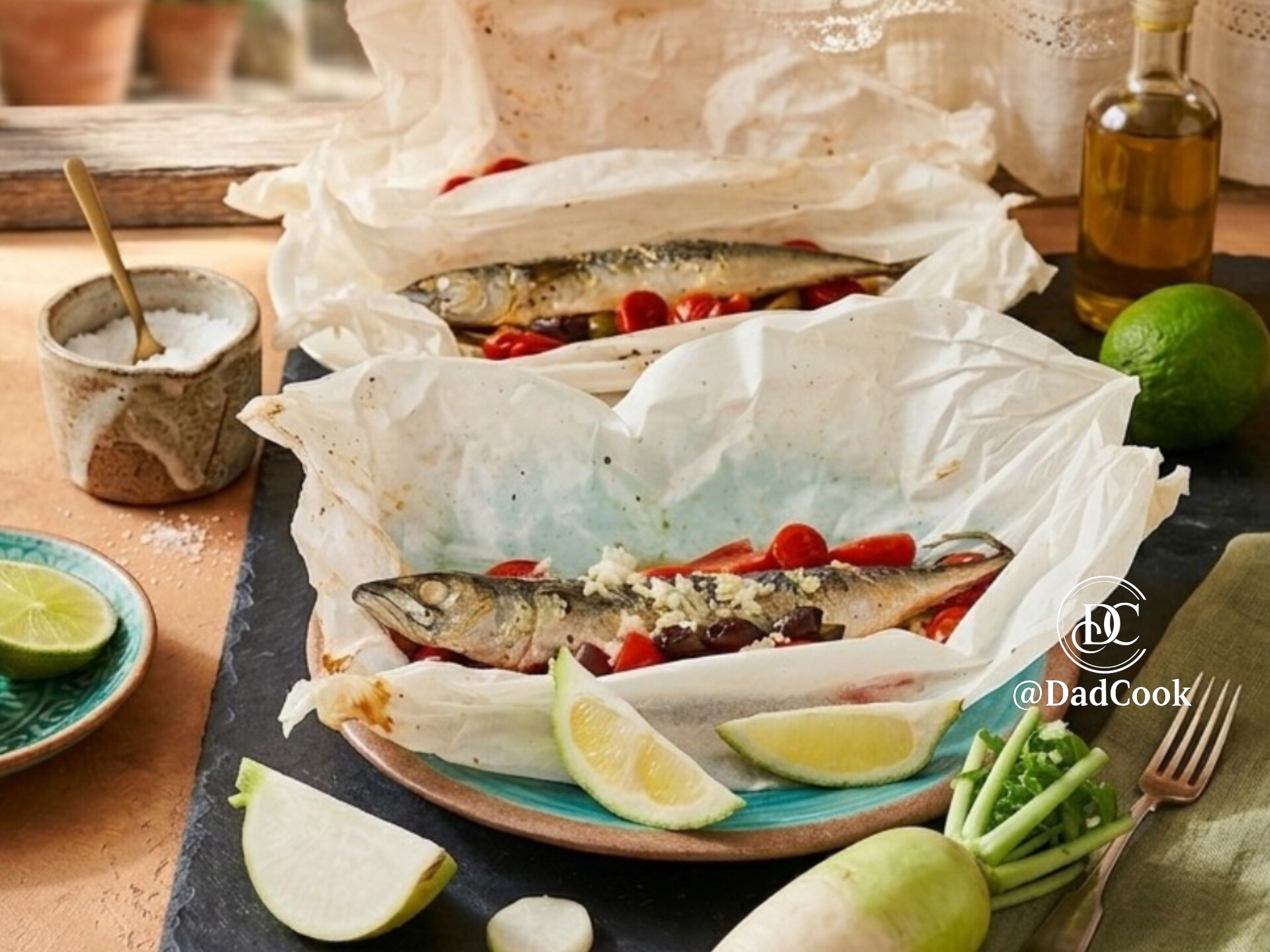 Sgombro intero al cartoccio al forno con letto di daikon, zenzero, pomodorini e rifinito con erba cipollina fresca.