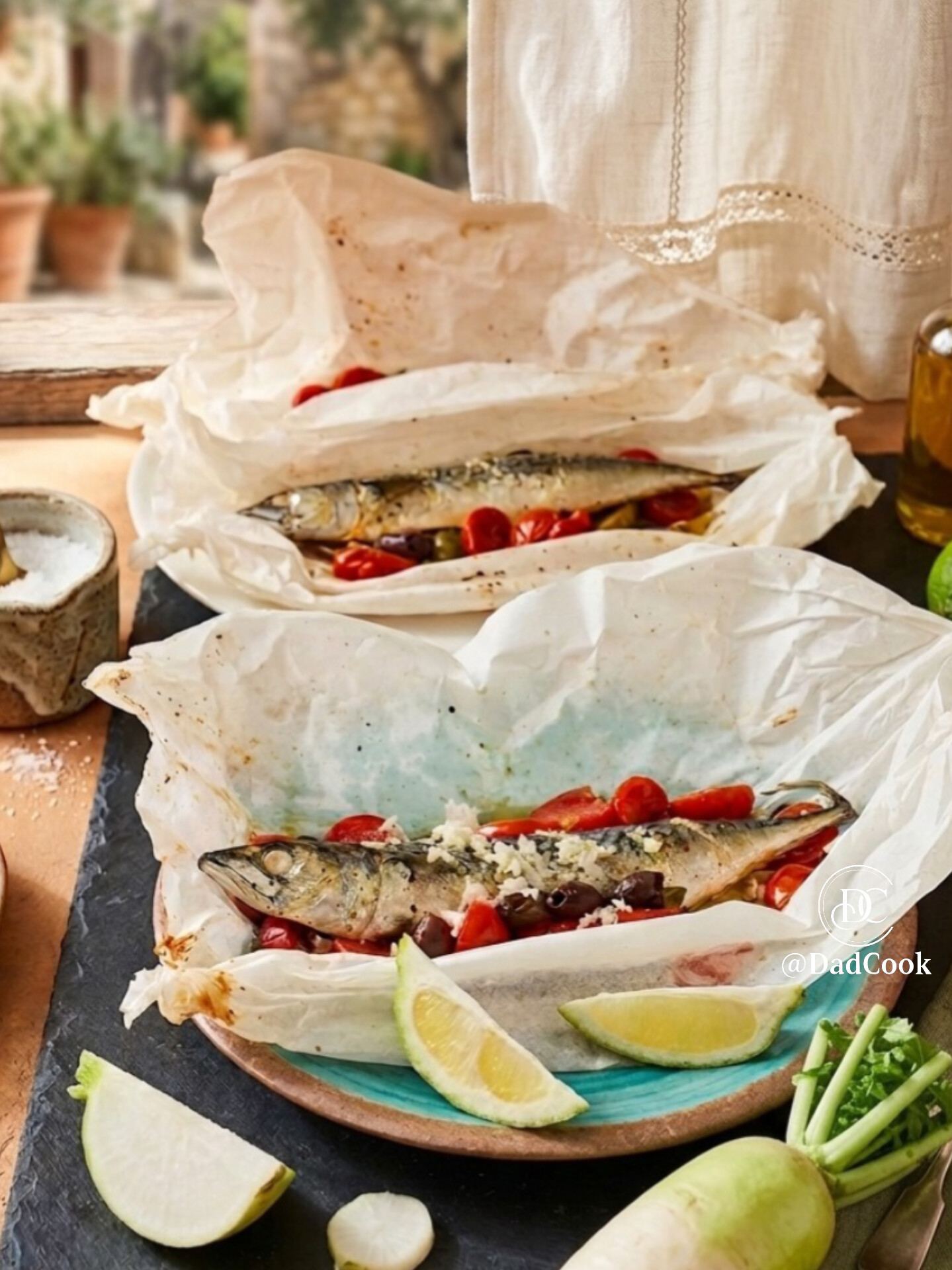 Sgombro intero al cartoccio al forno con letto di daikon, zenzero, pomodorini e rifinito con erba cipollina fresca.