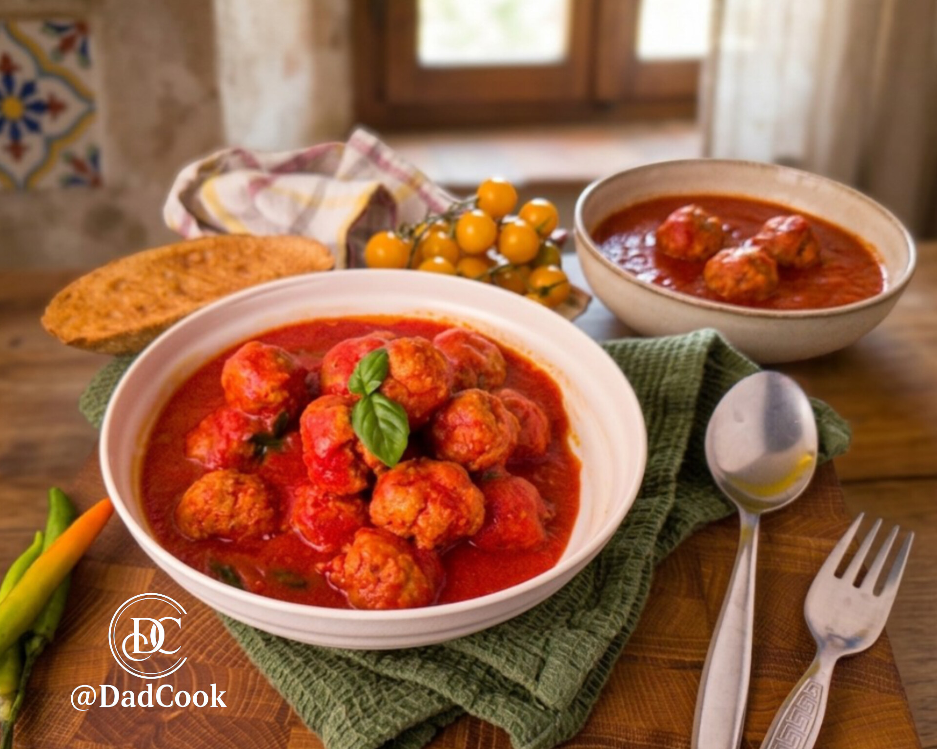Un piatto fondo bianco colmo di polpette di carne morbide immerse nel sugo di pomodoro rosso, decorate con una foglia di basilico fresco, adagiate su un canovaccio verde e un tagliere di legno. Sullo sfondo, un'altra ciotola di polpette, pomodorini gialli e una fetta di pane. Logo DadCook in basso a sinistra.