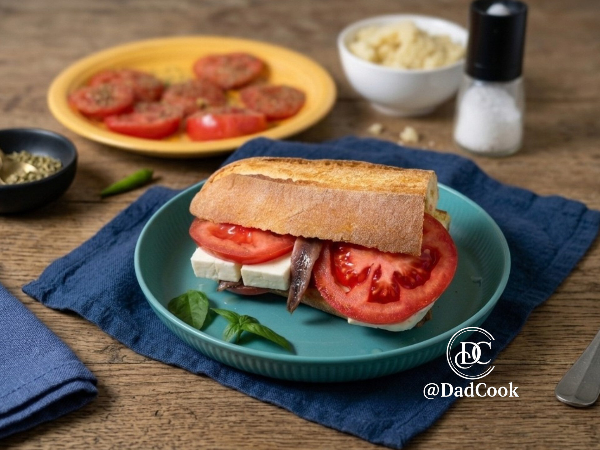 Pane cunzato palermitano con pomodoro, primosale e acciughe.