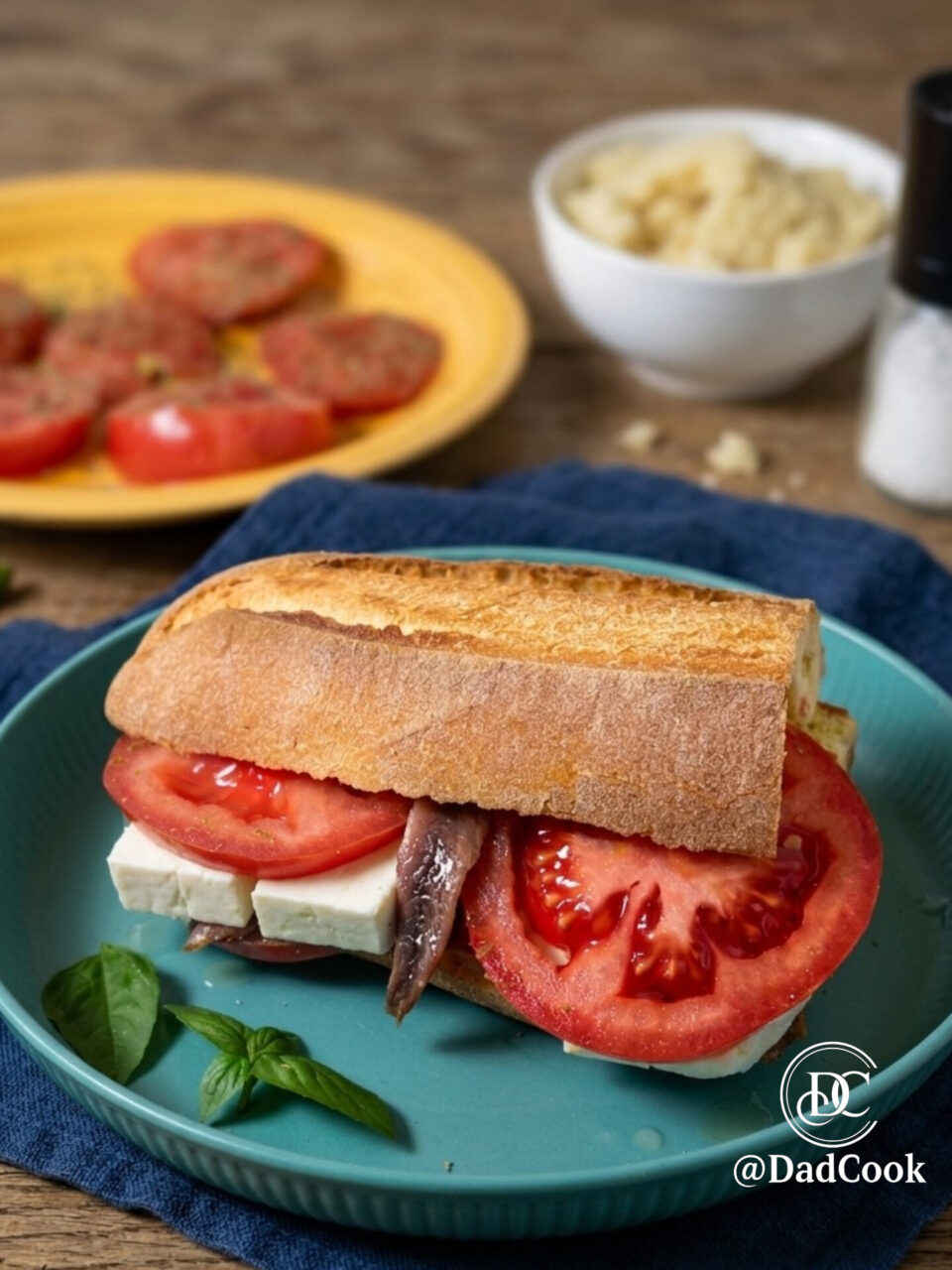 Pane cunzato palermitano con pomodoro, primosale e acciughe.