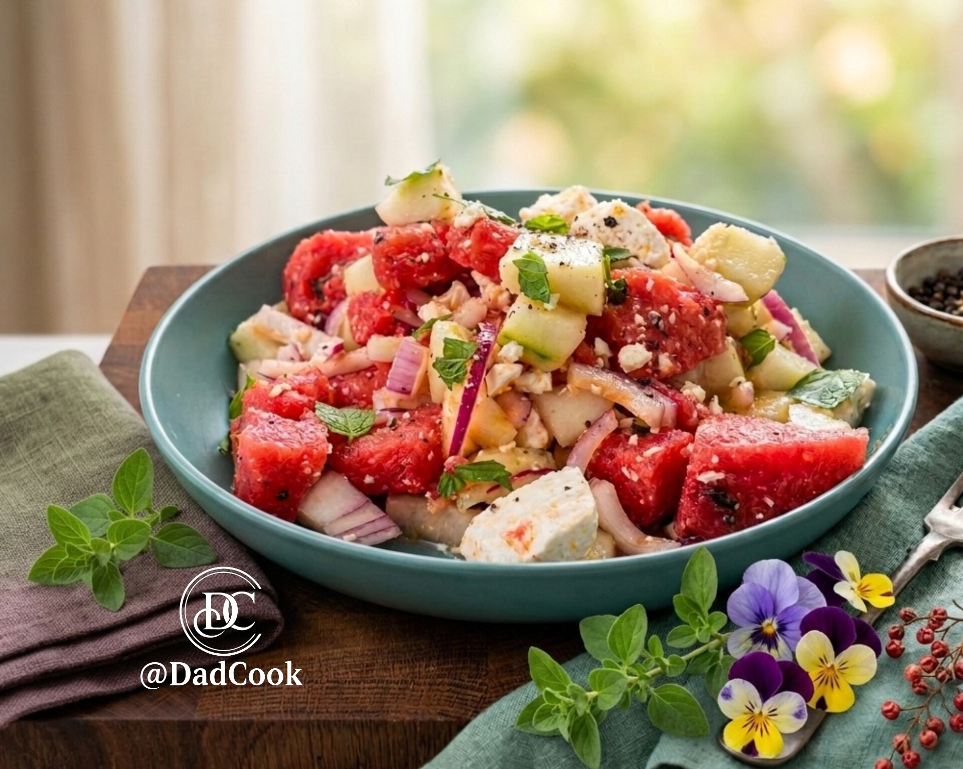 Insalata di anguria a cubetti con feta greca sbriciolata, cetrioli, cipolla rossa e foglioline di menta fresca servita in una ciotola bianca