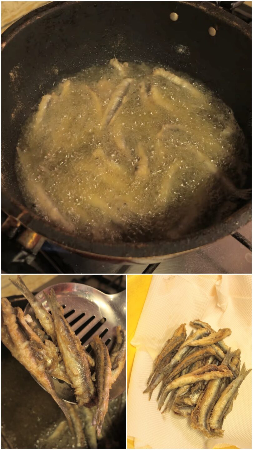 Sarde fresche passate nella farina bianca all'interno di una ciotola e poi fritte