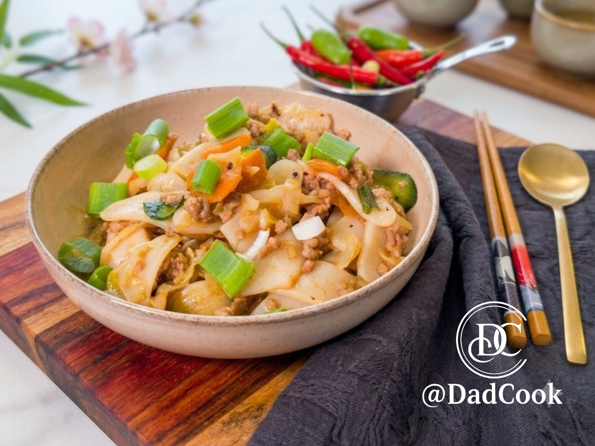 Una vista dall'alto che mostra una ciotola di gnocchi di riso cinesi saltati su un tagliere di legno, circondata da bacchette, cucchiaio, tazze da tè e peperoncini freschi su una tavola da cucina.