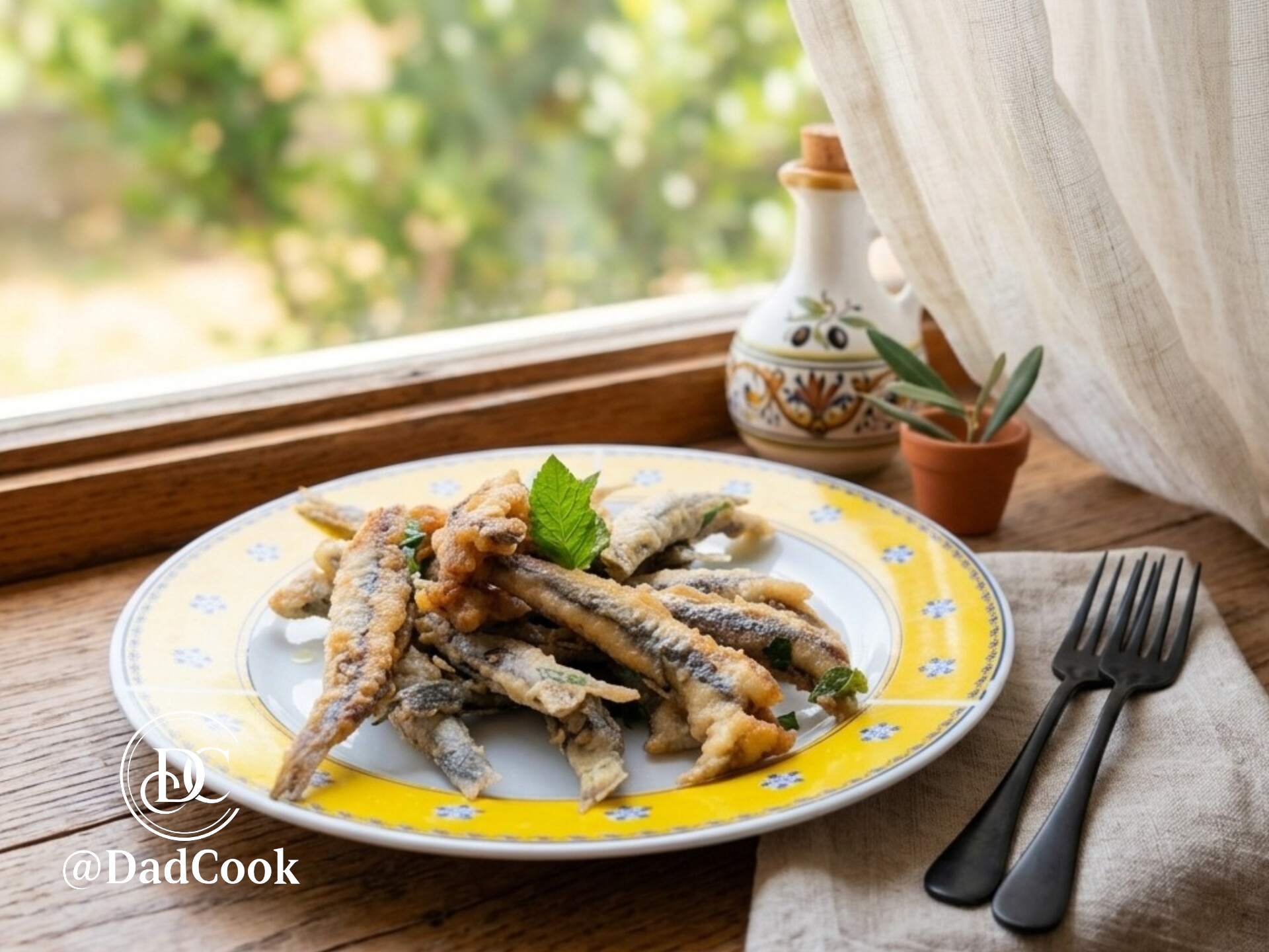 Primo piano di sarde fritte dorate e croccanti servite su un piatto giallo con menta fresca, forchette e oliera di ceramica sullo sfondo
