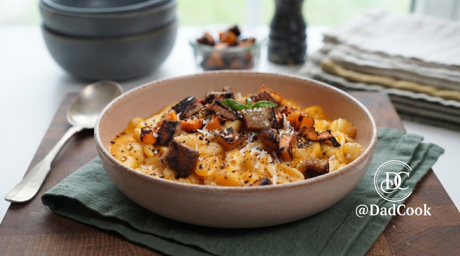 Gnocchetti sardi con crema di zucca vellutata e pane croccante in una ciotola